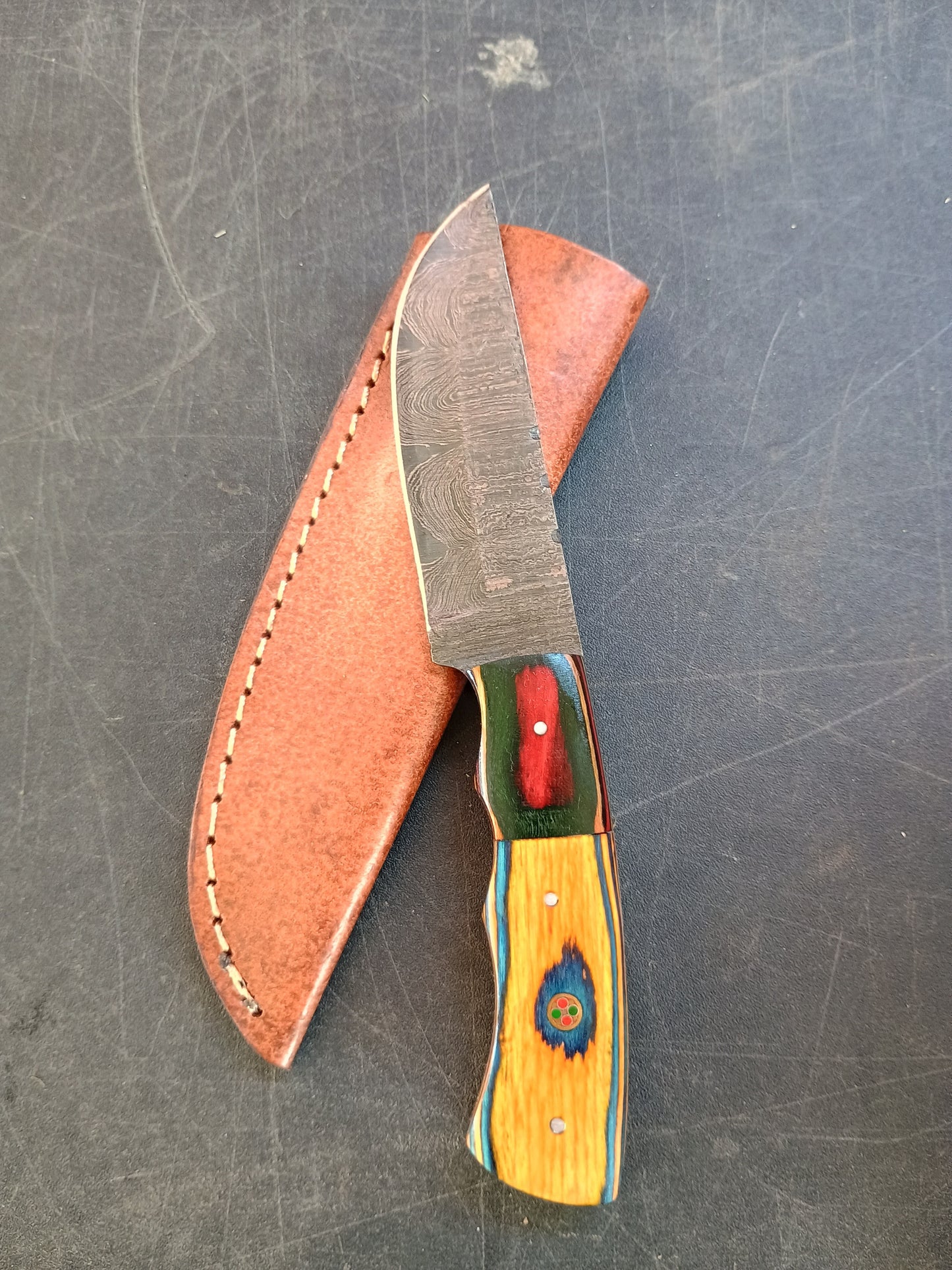 Custom Handmade Damascus Steel Hunting Knife With Sheath, Wood Handle 8" Overall
