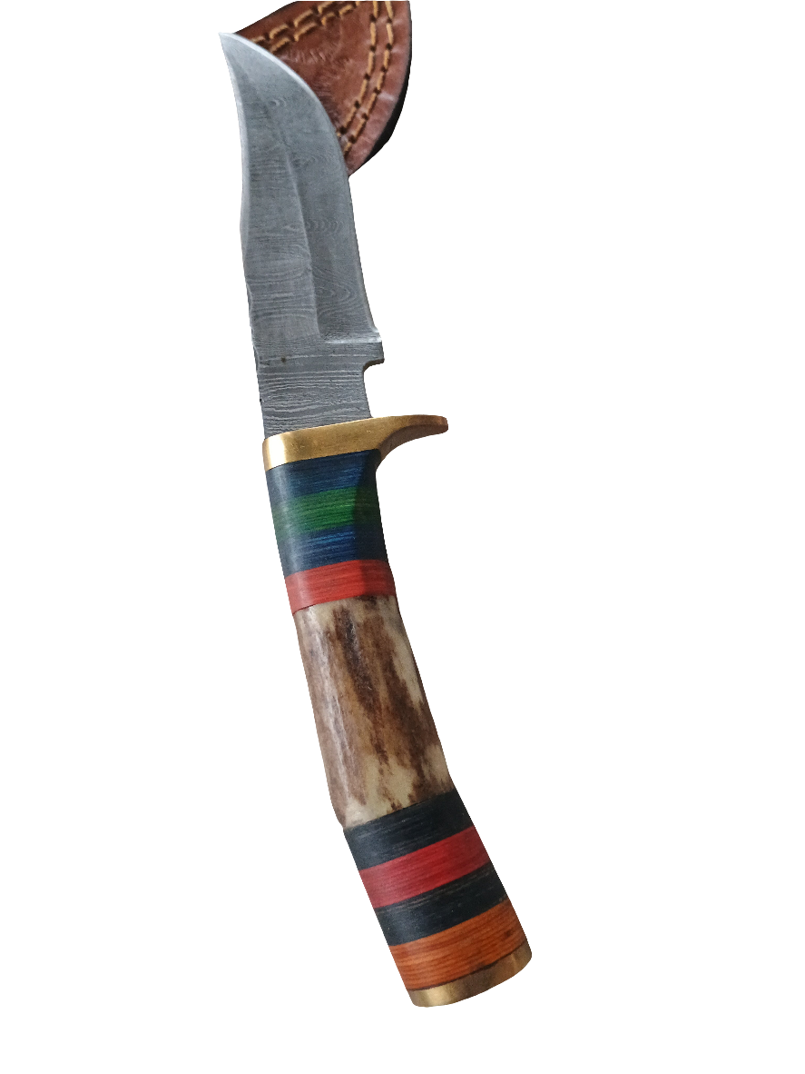 Custom Handmade Stag Handle  Damascus steel Hunting Knife With Sheath 8" Overall
