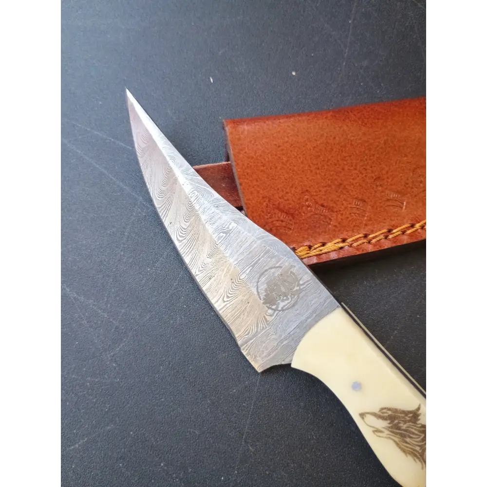 Custom Handmade Damascus steel Hunting Knife With Sheath Bone Handle With Wolf Lazered In Handle Hammer Forged
