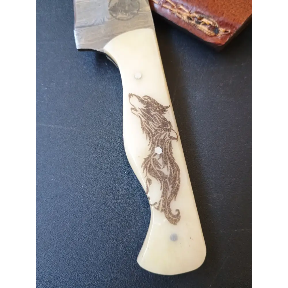 Custom Handmade Damascus steel Hunting Knife With Sheath Bone Handle With Wolf Lazered In Handle Hammer Forged
