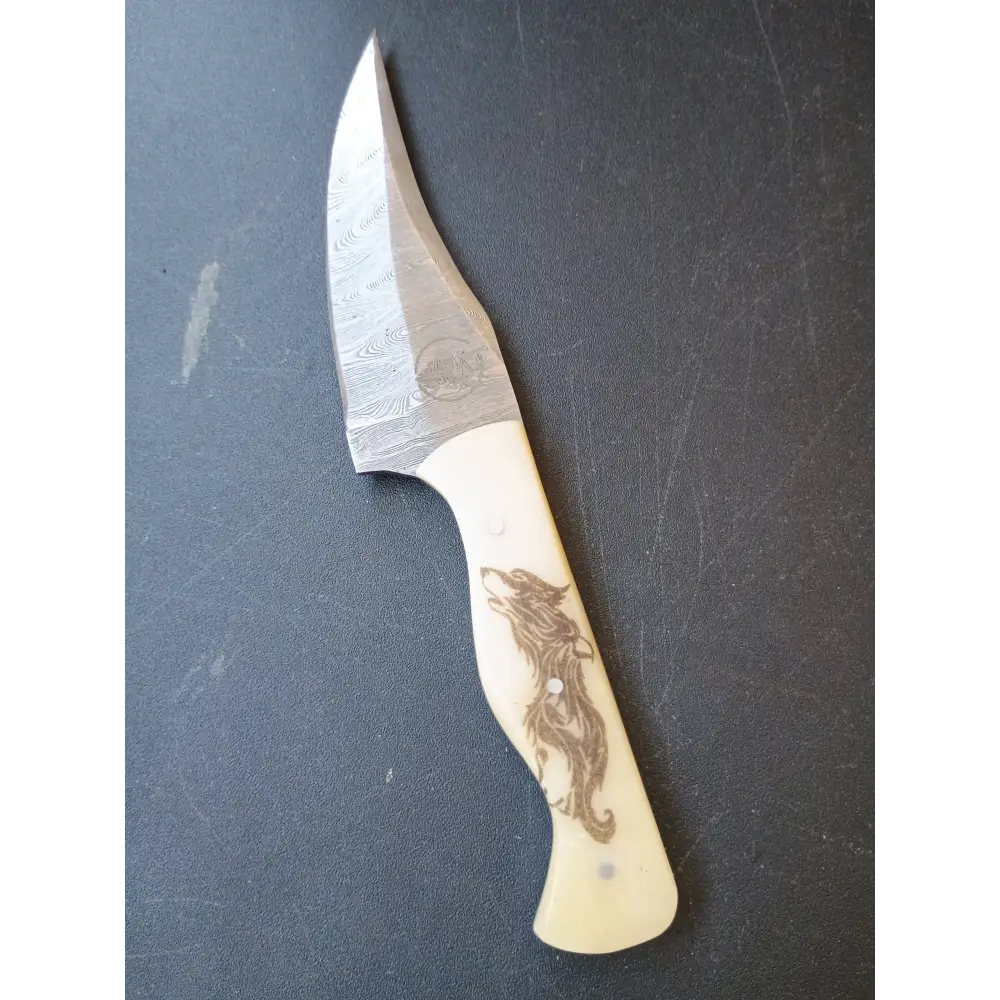 Custom Handmade Damascus steel Hunting Knife With Sheath Bone Handle With Wolf Lazered In Handle Hammer Forged