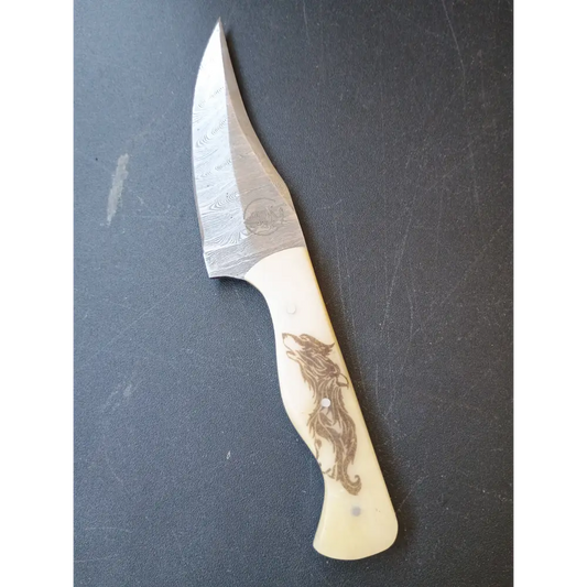 Custom Handmade Damascus steel Hunting Knife With Sheath Bone Handle With Wolf Lazered In Handle Hammer Forged