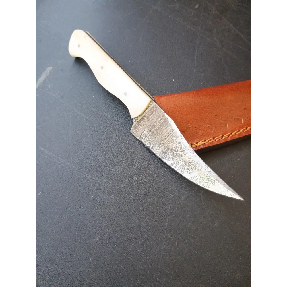 Custom Handmade Damascus steel Hunting Knife With Sheath Bone Handle With Wolf Lazered In Handle Hammer Forged