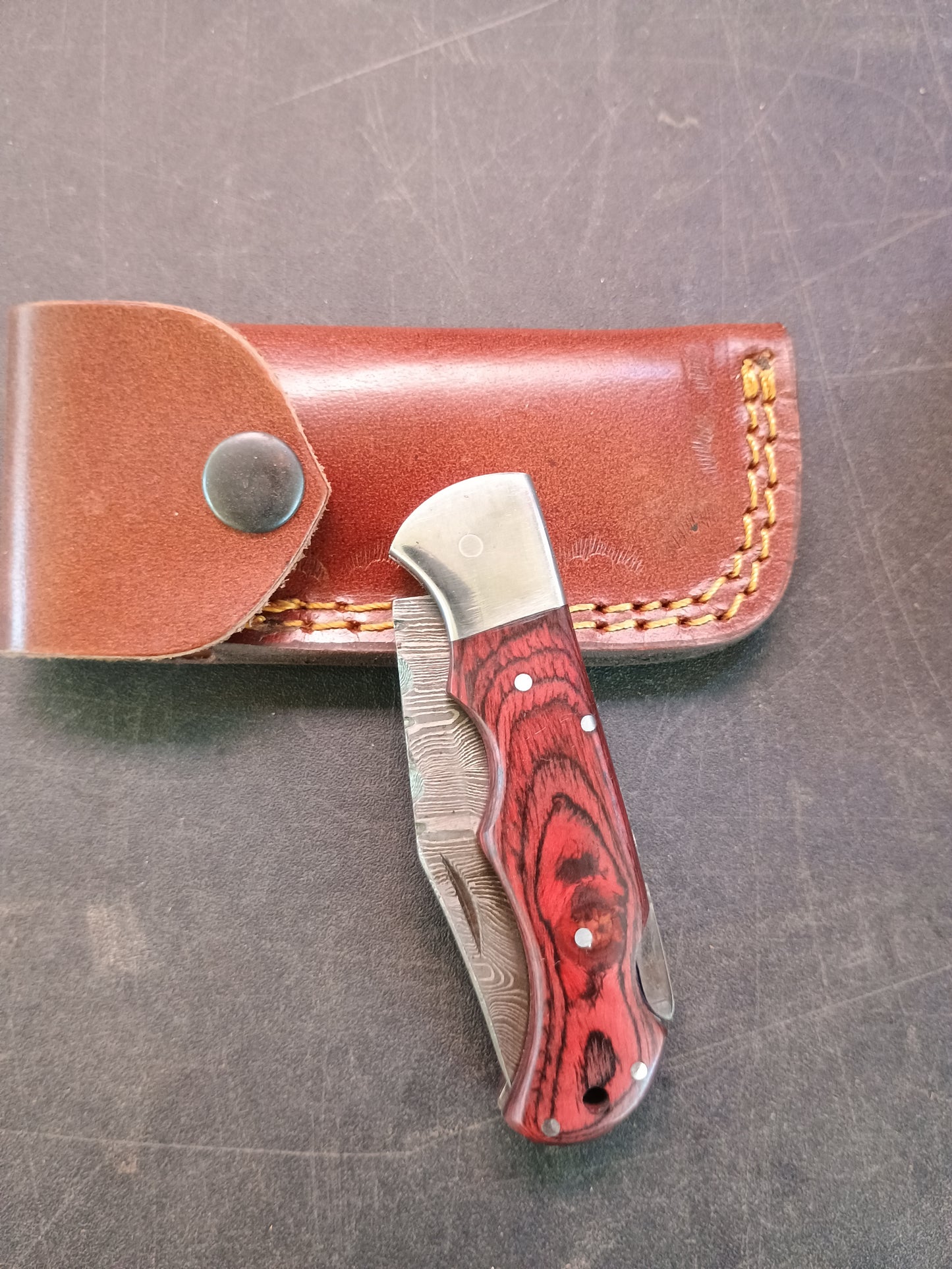 Custom Handmade Folding Backlock Knife Red Hardwood  Handle