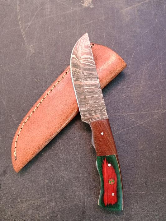 Custom Handmade Damascus steel Hunting Knife With Sheath, Wood Handle 8" Overall