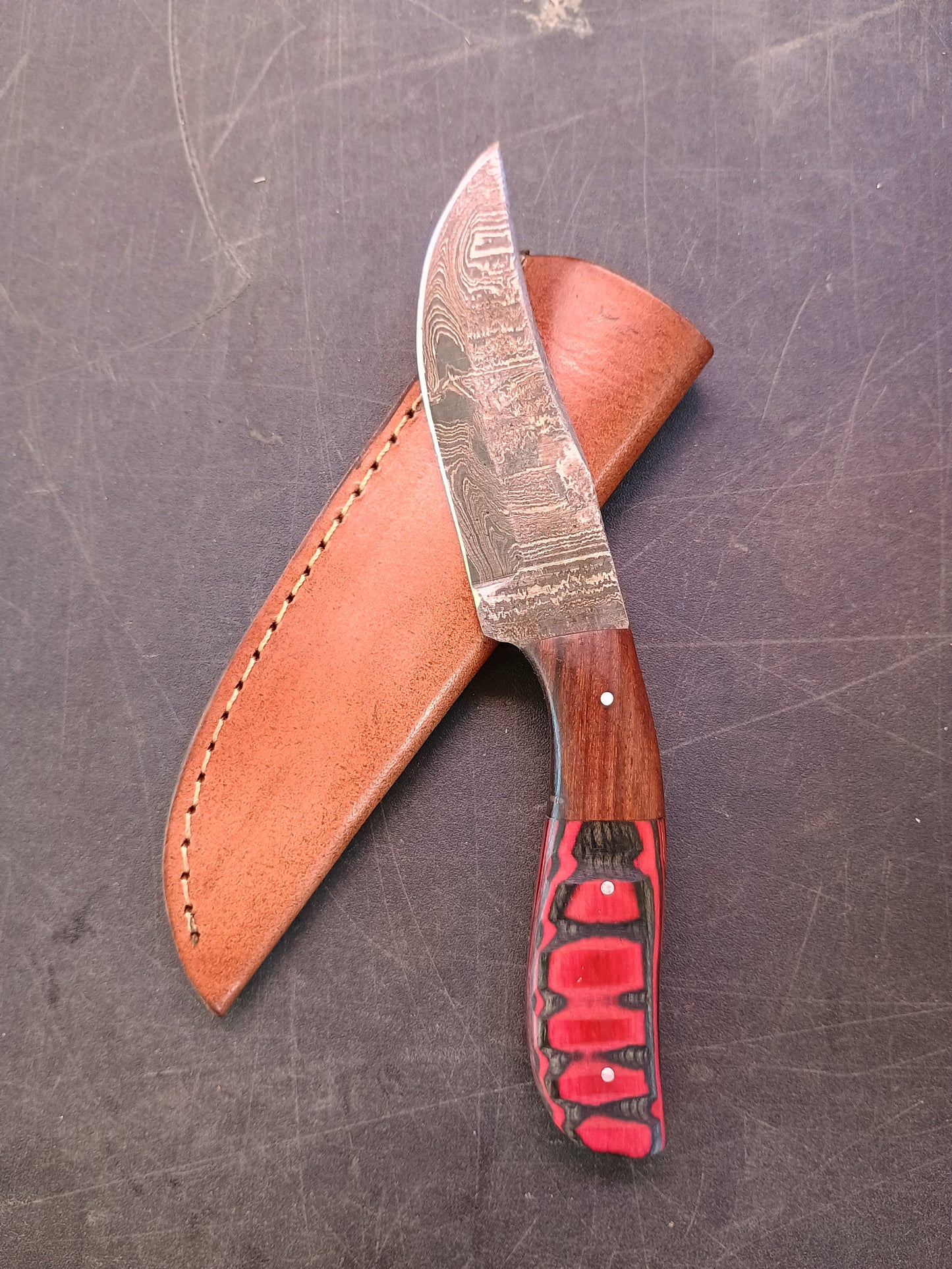 Custom Handmade Damascus Steel Hunting Knife With Sheath, Wood Handle 8" Overall