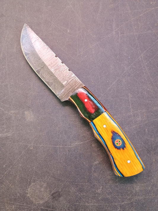 Custom Handmade Damascus Steel Hunting Knife With Sheath, Wood Handle 8" Overall